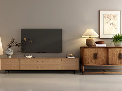 Modern Wooden TV Stand With TV Decorations Table Lamp Potted Plant And Wall Painting 3d model