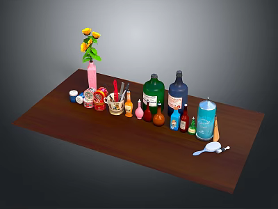 Assorted Bottles Containers Vase With Flowers And Spoon On Wooden Table 3d model