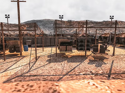 Cartoon Desert Camp Scene With Metal Frames Wooden Crates And Mountain Backdrop 3d model