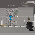 Modern Clothing Store Interior With Blue Mannequin Clothing Racks Stone Wall Plant And Mirror