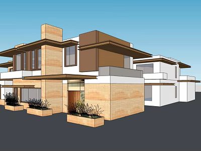 Modern Contemporary House Exterior With Wooden And White Facade And Potted Plants 3d model