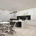 Modern Office Corridor Featuring Blue Wall Reception Desk Hanging Pendant Lights And Glass Door