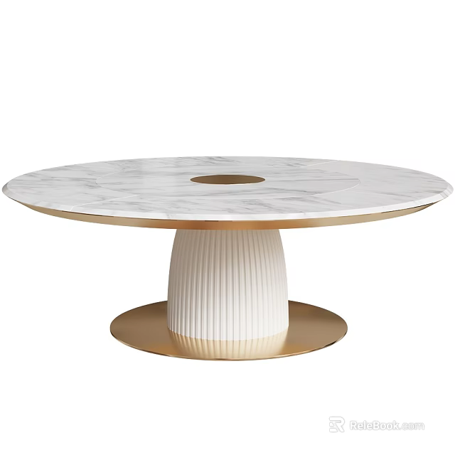 Round Modern Dining Table With White Marble Top And Gold Ribbed Column Base 3d model