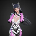 Futuristic Woman In Pink Mechanical Armor Suit With Long Black Hair And Furry Tail