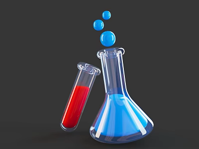 Essential Medical Laboratory Equipment With Erlenmeyer Flask Blue Liquid Test Tube Red Liquid And Bubbles 3d model