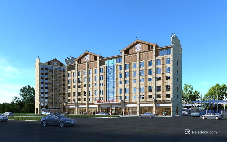 Traditional Chinese Style Station Exterior With Classic Roof Eaves Front Plaza And Green Trees 3d model 