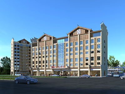 Traditional Chinese Style Station Exterior With Classic Roof Eaves Front Plaza And Green Trees 3d model