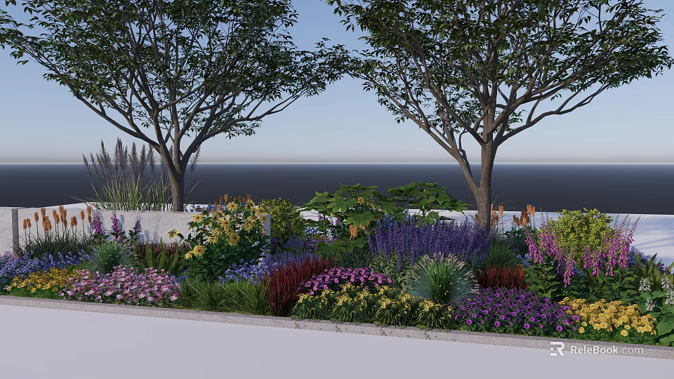 Vibrant Flowers And Various Plants In Seaside Garden With Tall Trees And Ocean View 3d model 