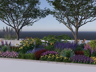 Vibrant Flowers And Various Plants In Seaside Garden With Tall Trees And Ocean View 3d model