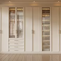 Elegant Cream White Full Wall Wardrobe With Glass Doors Drawers And Warm Built In Lights