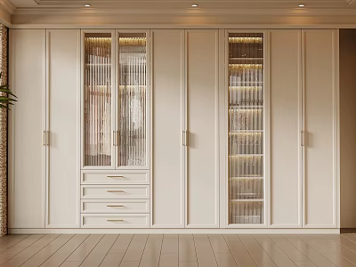 Elegant Cream White Full Wall Wardrobe With Glass Doors Drawers And Warm Built In Lights 3d model