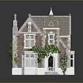 Cartoon Miniature House Scene With Brick Walls Grey Roof White Windows Green Vines And Steps