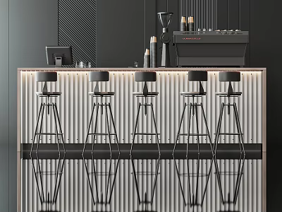 Modern Bar Counter Design With Black High Stools And Coffee Machine On Countertop 3d model