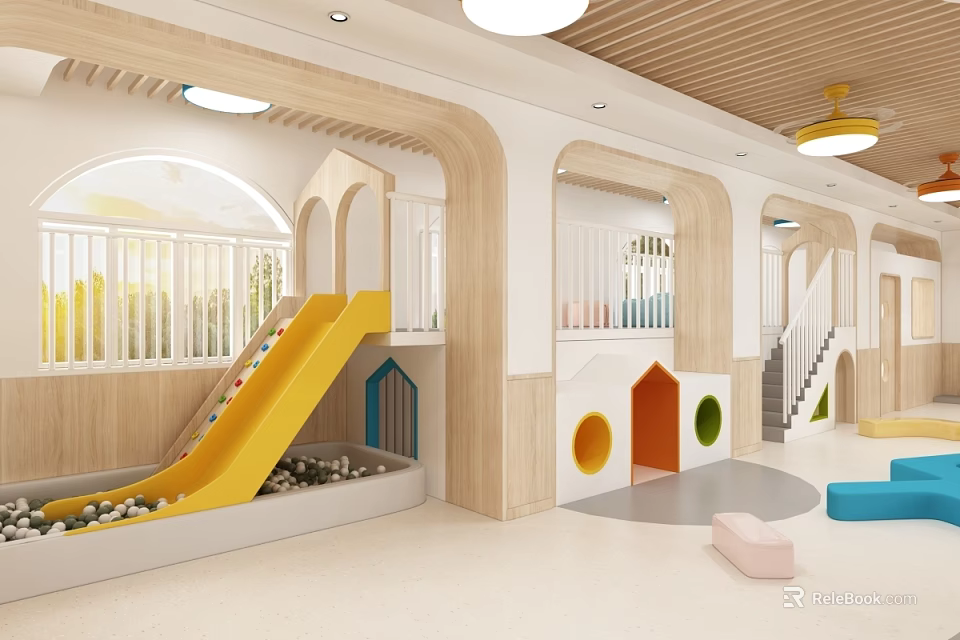 Bright Kindergarten Indoor Play Area With Yellow Slide Ball Pit And Colorful House Structures 3d model 