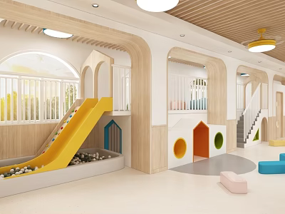 Bright Kindergarten Indoor Play Area With Yellow Slide Ball Pit And Colorful House Structures 3d model