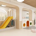 Bright Kindergarten Indoor Play Area With Yellow Slide Ball Pit And Colorful House Structures