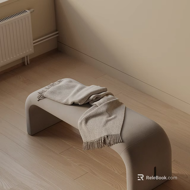 Light Beige Curved Sofa Bench with Knitted Blanket on Wooden Floor in Neutral Room 3d model 