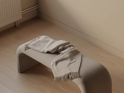 Light Beige Curved Sofa Bench with Knitted Blanket on Wooden Floor in Neutral Room 3d model