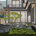 Japanese Style Courtyard Garden with Pine Tree Stones and Lush Green Plants