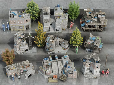 Damaged Abandoned Industrial Factory Model With Trees Figures And Equipment 3d model