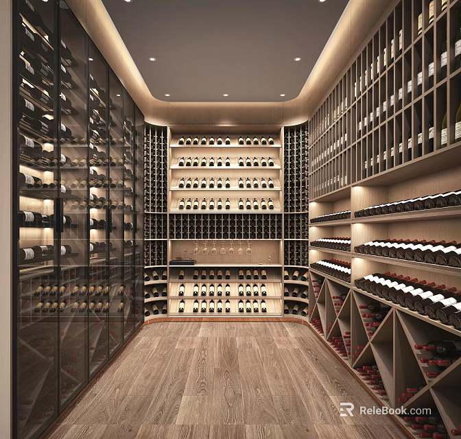 Elegant Wine Cellar With Wooden Flooring Recessed Lighting And Organized Wine Racks 3d model 