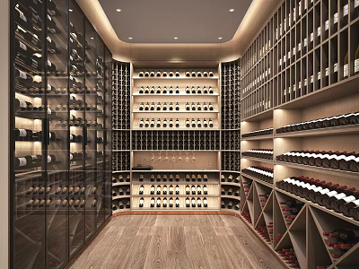 Elegant Wine Cellar With Wooden Flooring Recessed Lighting And Organized Wine Racks 3d model