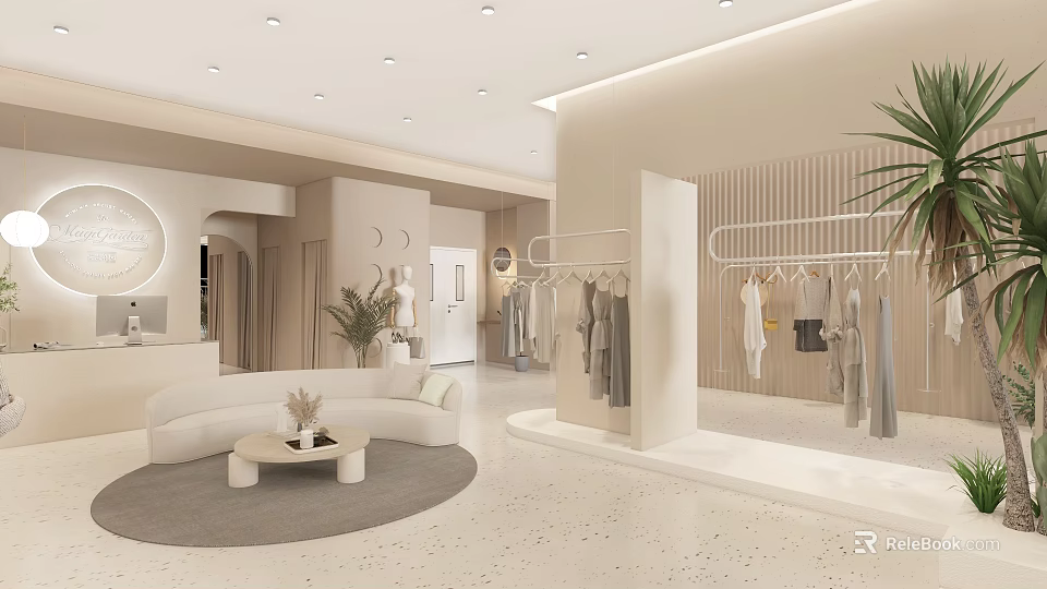 Modern Light Colored Clothing Store Interior With Hanging Racks Displayed Clothes And Plants 3d model 