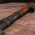 Vintage Rifle With Wooden Stock Scattered Bullets On Rustic Wood Surface