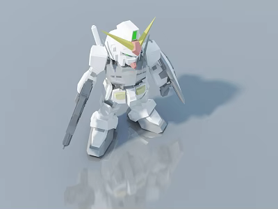 White Robot Model With Green Horn Holding Sword And Shield On Gray Surface 3d model