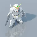 White Robot Model With Green Horn Holding Sword And Shield On Gray Surface