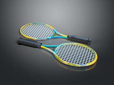 Two Colorful Tennis Rackets With Yellow Blue Frames And Black Grips 3d model