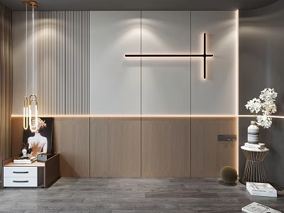 Modern Bedroom Accent Wall with Wooden Panels LED Lighting and Minimalist Design Elements 3d model