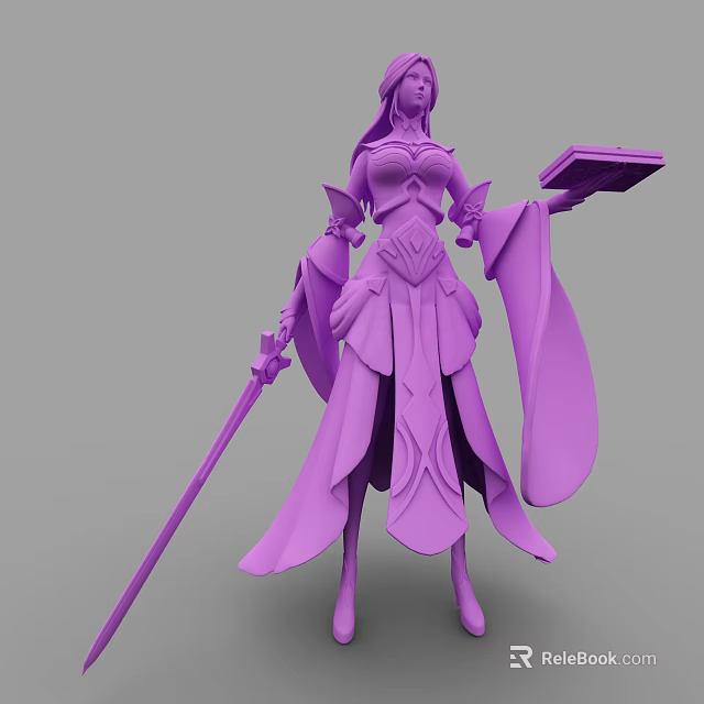 Purple 3D Game Fantasy Character With Long Dress Staff And Tray 3d model 