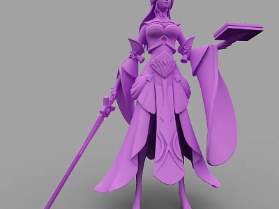 Purple 3D Game Fantasy Character With Long Dress Staff And Tray 3d model