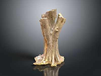 Tree Stump Decorative Sculpture With Natural Wood Texture And Golden Accents 3d model