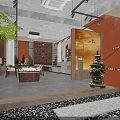 Modern Industrial Cafe Interior With Wooden Storage Shelves Displaying Various Products