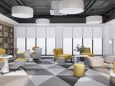 Modern Lounge Area With Yellow Chairs Round Pendant Lights And Geometric Carpet 3d model