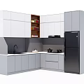 Modern Kitchen With White And Gray Cabinets Upper Lower Storage And Black Refrigerator 3d model