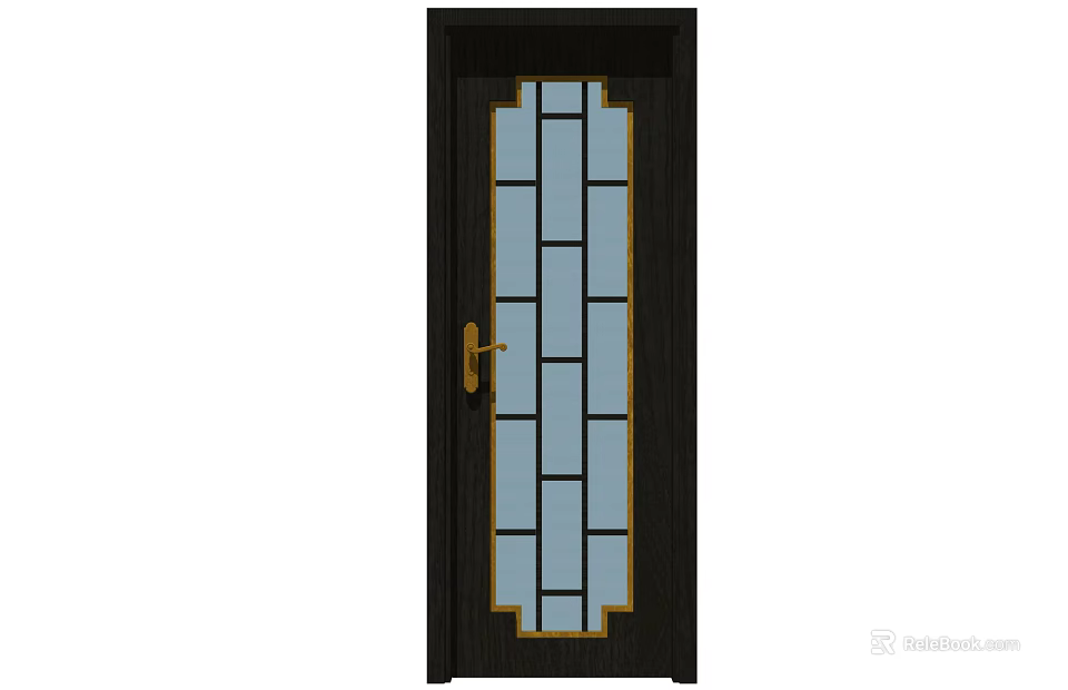 Modern Dark Wooden Front Door With Rectangular Glass Panel And Golden Handle 3d model 