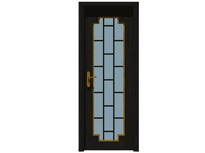 Modern Dark Wooden Front Door With Rectangular Glass Panel And Golden Handle 3d model