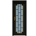 Modern Dark Wooden Front Door With Rectangular Glass Panel And Golden Handle