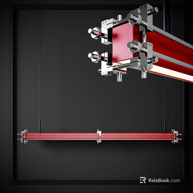 Modern Red Metal Linear Chandelier with Sleek Hanging Structure and Industrial Design Elements 3d model