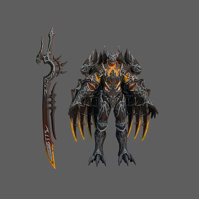Fantasy Character In Mythical Creature Inspired Armor With Spiked Weapon And Flame Accents 3d model