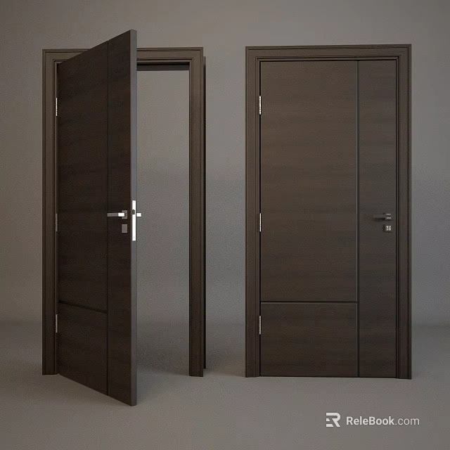 Dark Brown Wooden Hinged Doors With Metal Handles Open And Closed Design 3d model 