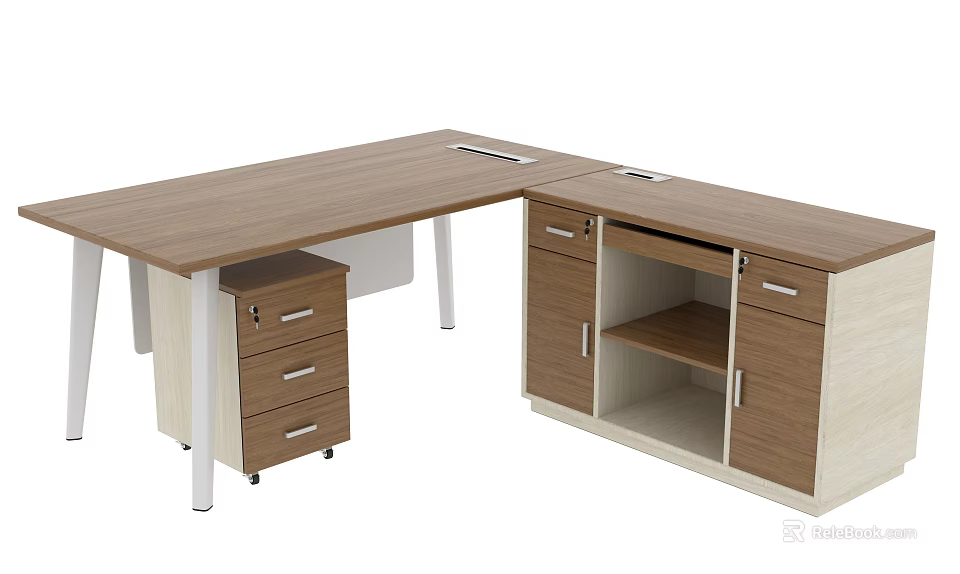 Modern Office L Shaped Desk With Wooden Top Storage Drawers And Cabinets 3d model 