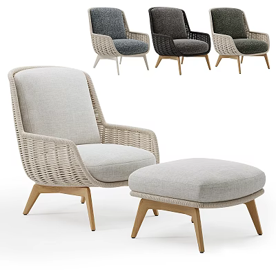 Modern Wicker Lounge Chair with Light Gray Cushion and Matching Ottoman Wooden Legs Design 3d model
