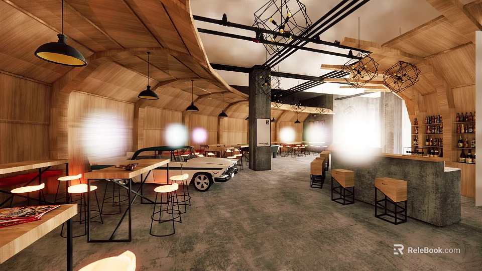 Modern Bar Interior Design With Wooden Tables Metal Stools Hanging Lights And Industrial Decor 3d model 