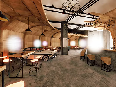 Modern Bar Interior Design With Wooden Tables Metal Stools Hanging Lights And Industrial Decor 3d model