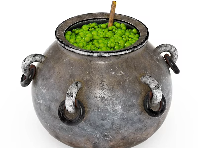 Vintage Cooking Pot With Metal Ring Handles Filled With Green Peas 3d model