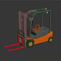 Orange and Gray Forklift with Red Forks Yellow Wheels Cab Top Guardrail and Warning Light